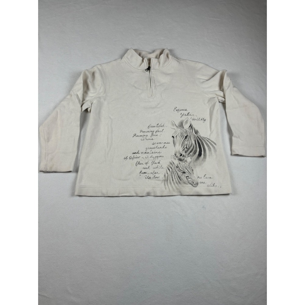 Coldwater Creek Zebra Graphic Quarter Zip Ribbed Pullover Sweatshirt Cream M